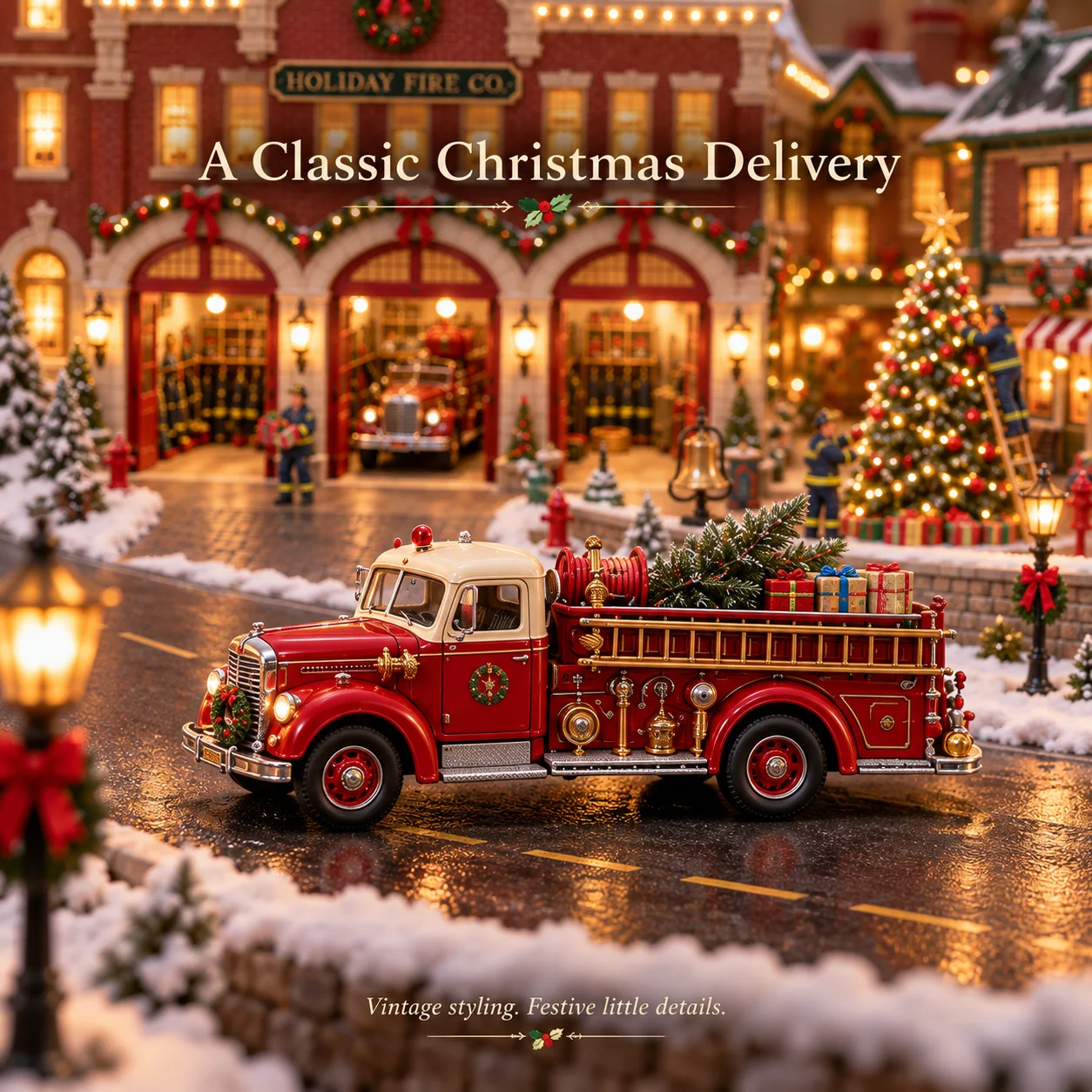 Close-up of the vintage red fire engine carrying Christmas gifts and greenery through the village scene