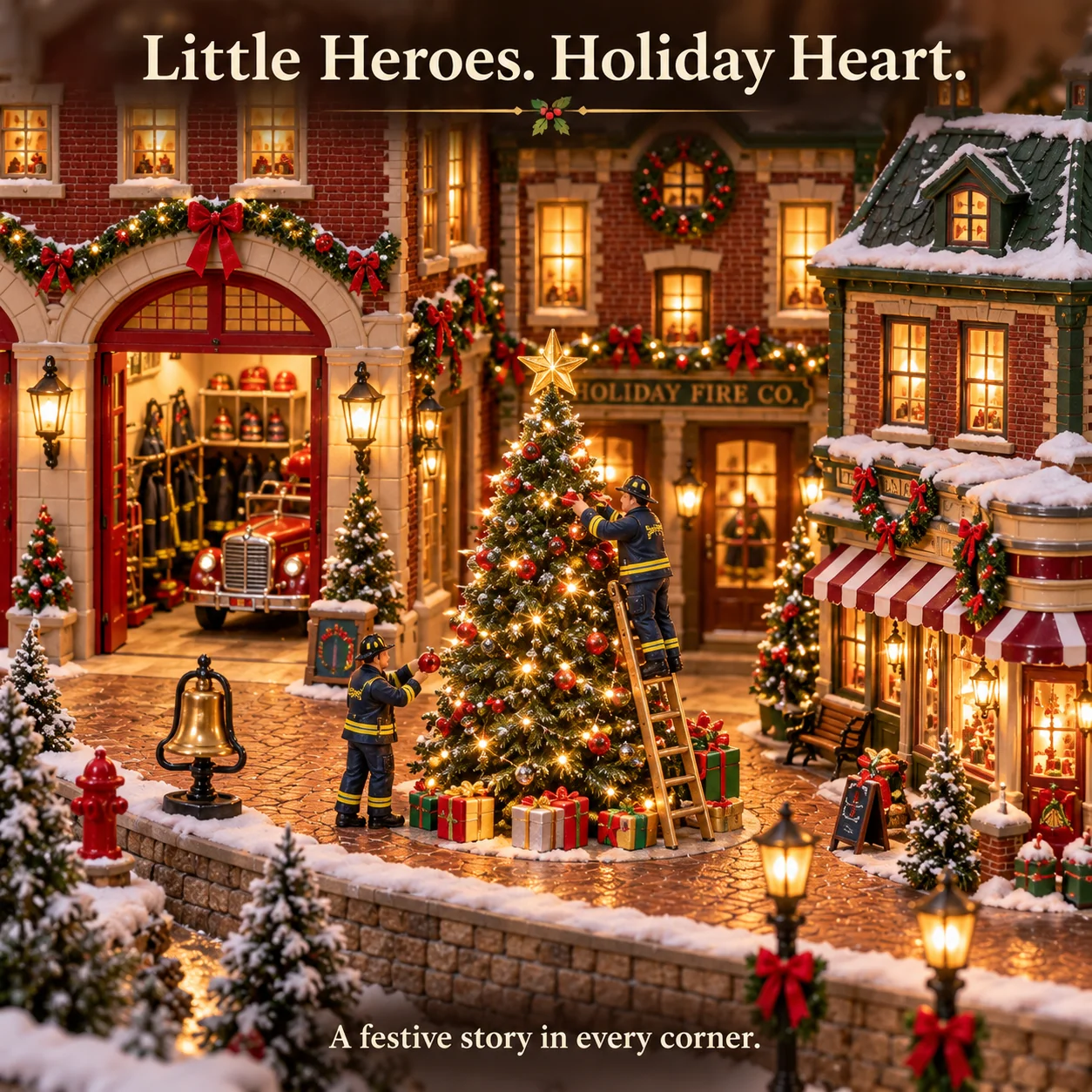Miniature firefighters around a decorated Christmas tree with a ladder, firehouse entrance, lanterns, and festive shop