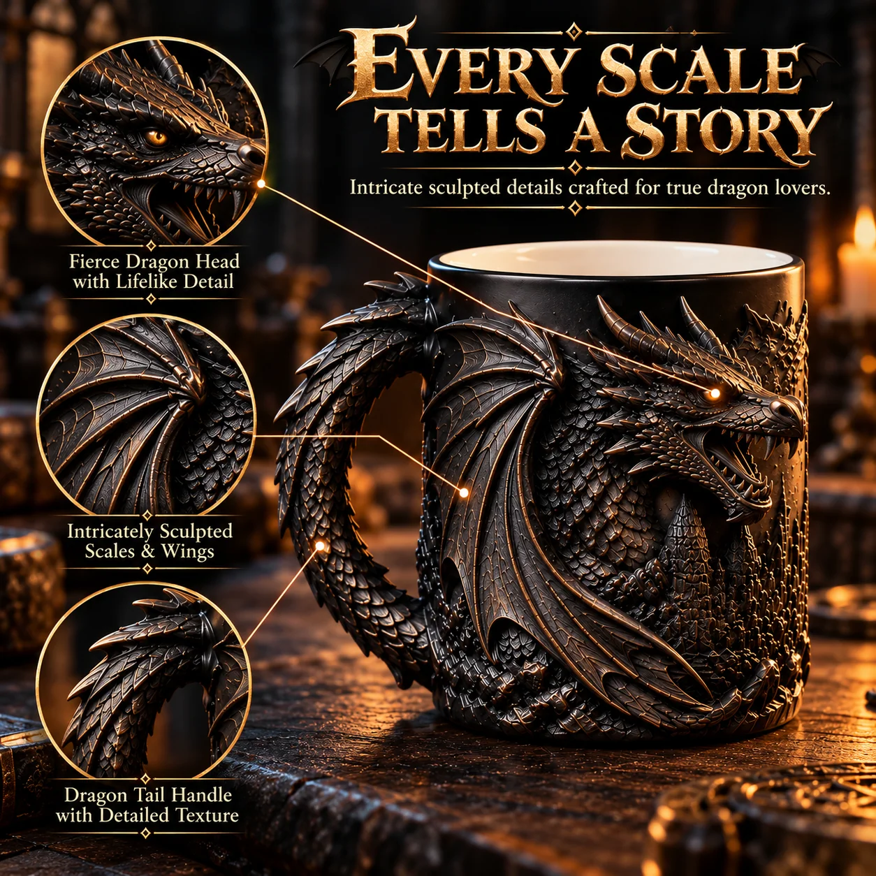 Dragon Mug sculpted details scales wings and tail handle