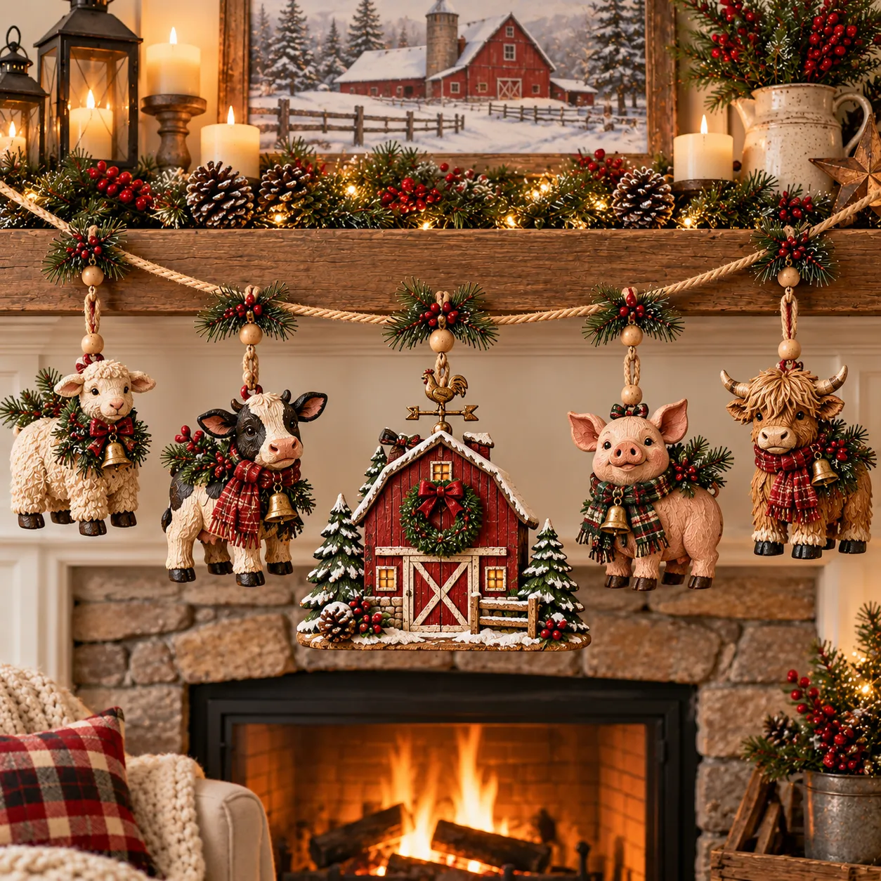 Farmhouse Christmas garland with five hanging decorations in a warm living room