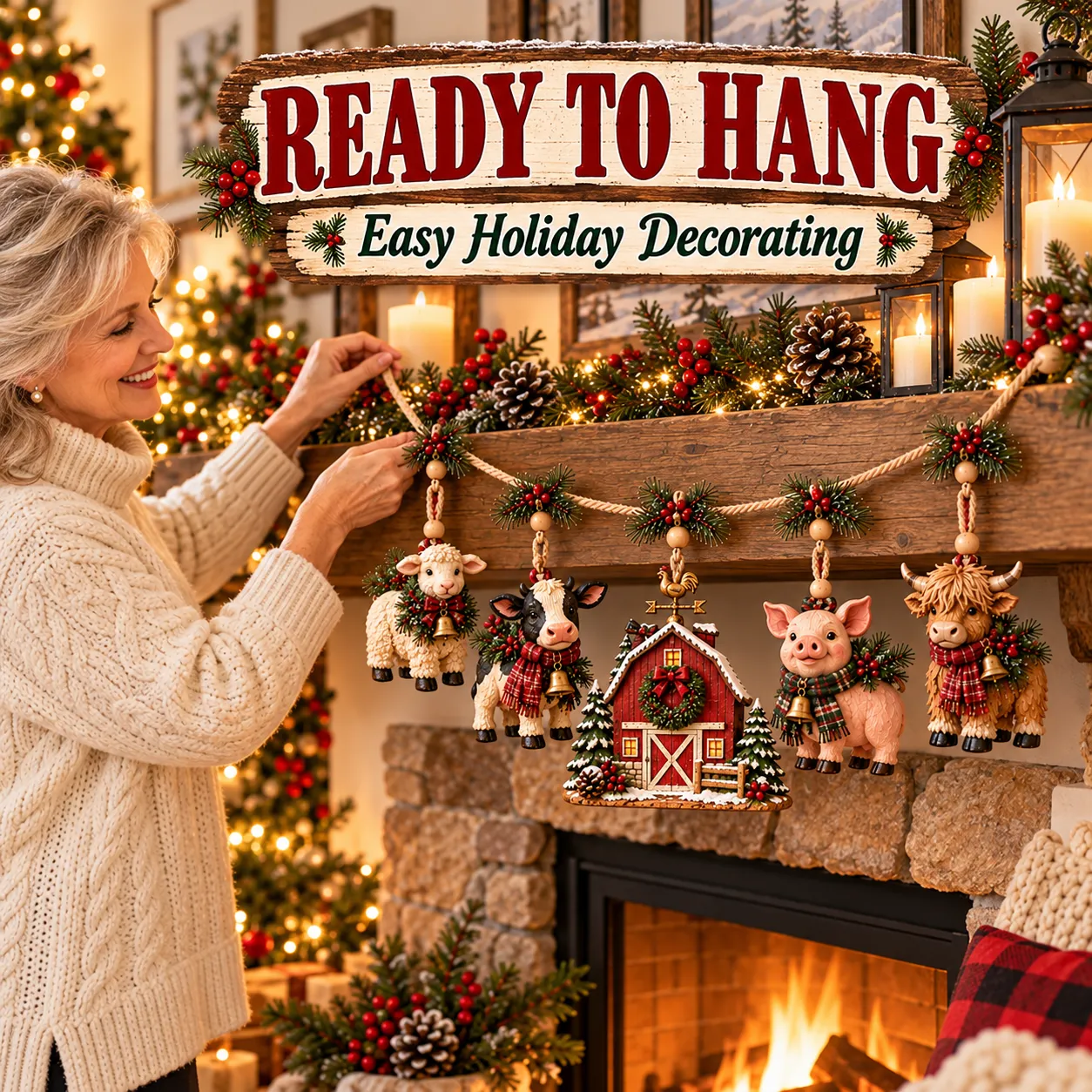 Woman arranging Christmas Farm Friends garland on a decorated fireplace mantel