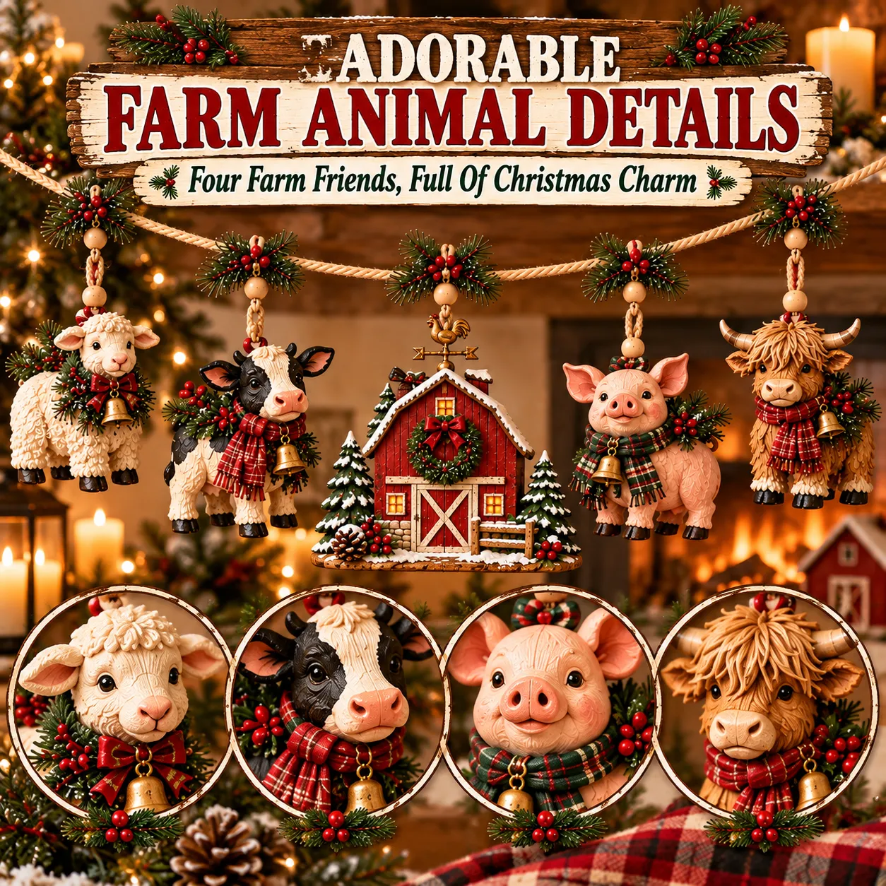 Close-up of the Christmas sheep, dairy cow, red barn, pig and Highland cow decorations
