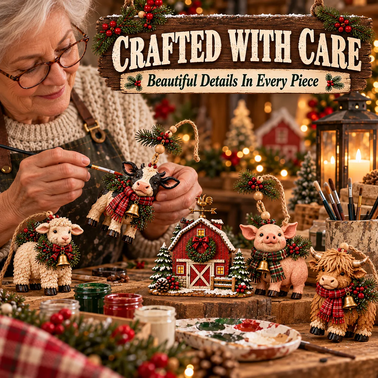 Detailed farmhouse Christmas animal ornaments in a festive workshop setting