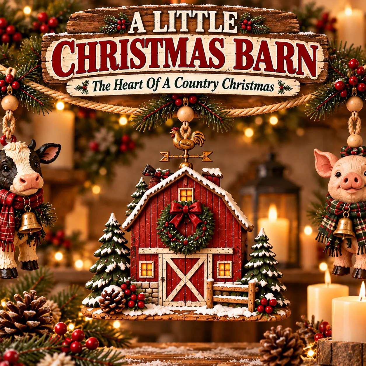 Detailed red Christmas barn centerpiece surrounded by farm animal decorations