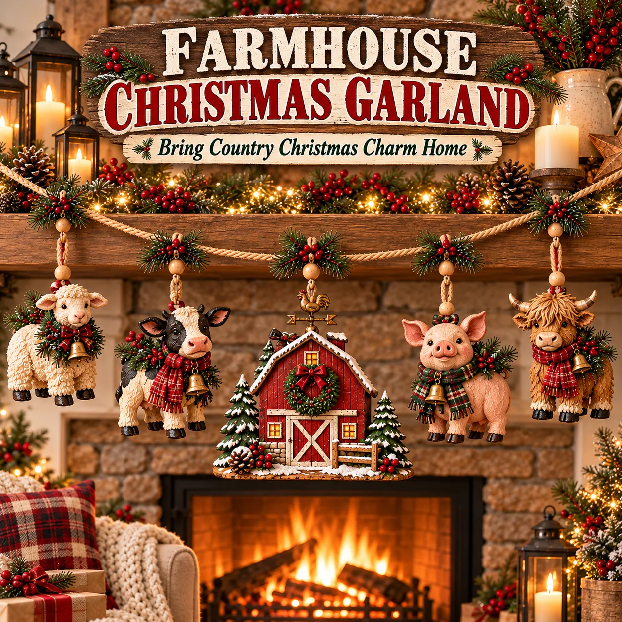 Complete Christmas Farm Friends garland displayed above a festive fireplace