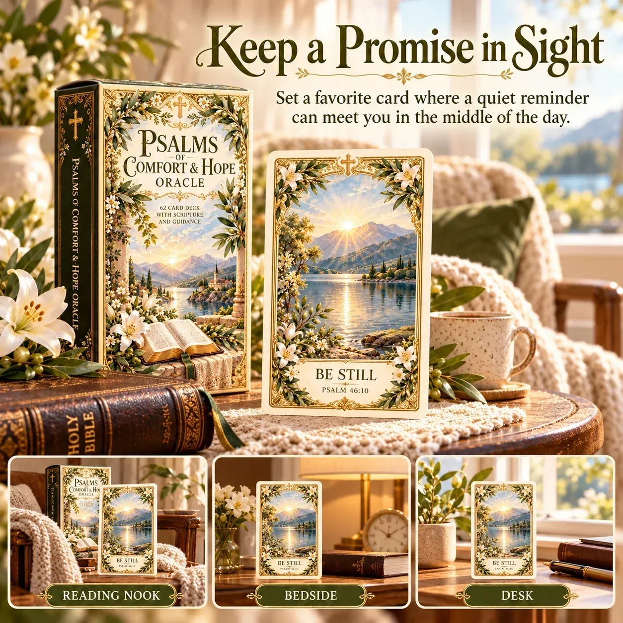 Favorite scripture card displayed at a reading nook, bedside, and desk