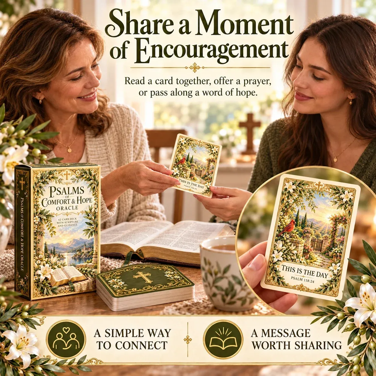 Two women sharing a scripture card and a moment of encouragement