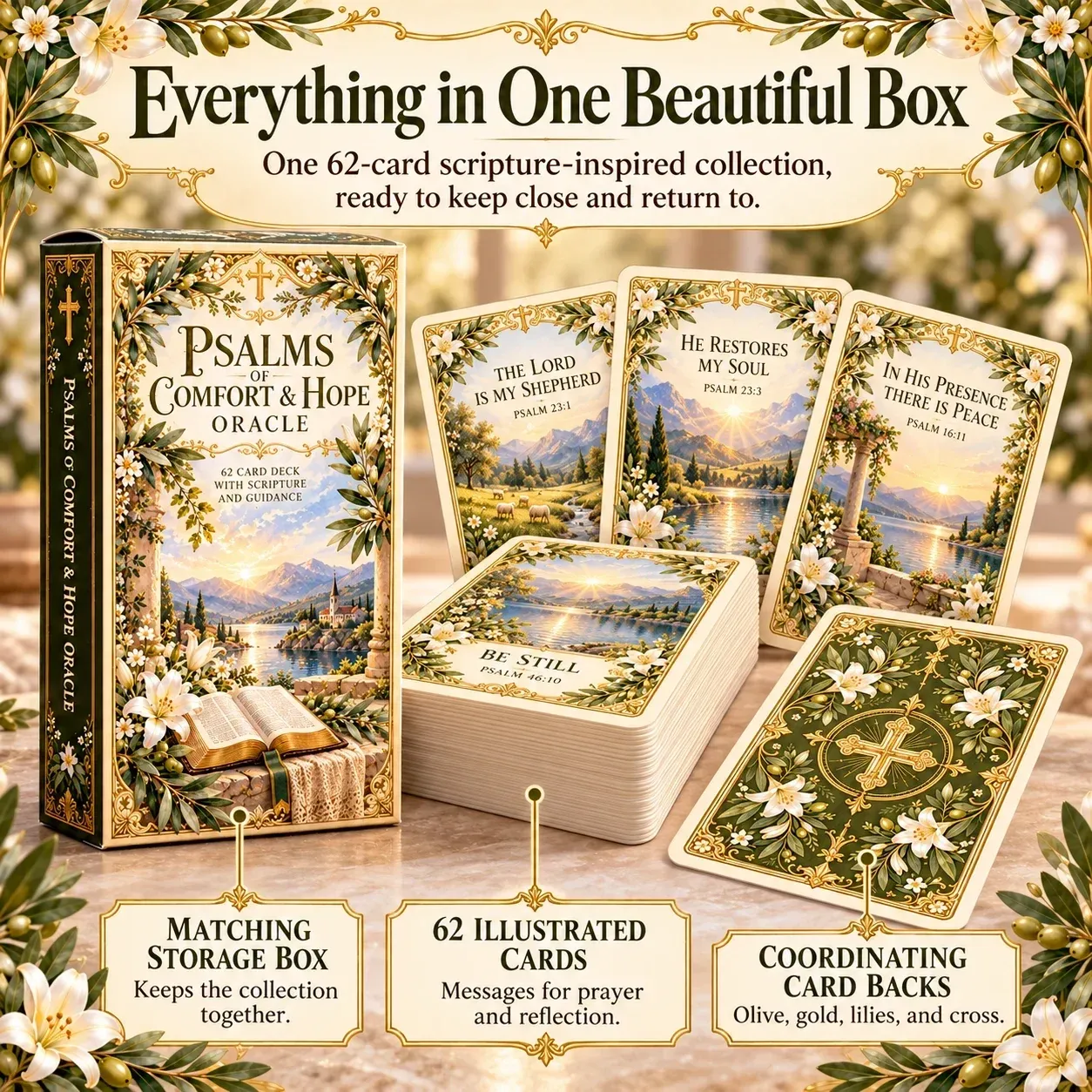 Box contents: 62 illustrated scripture cards, coordinating card backs, and matching storage box
