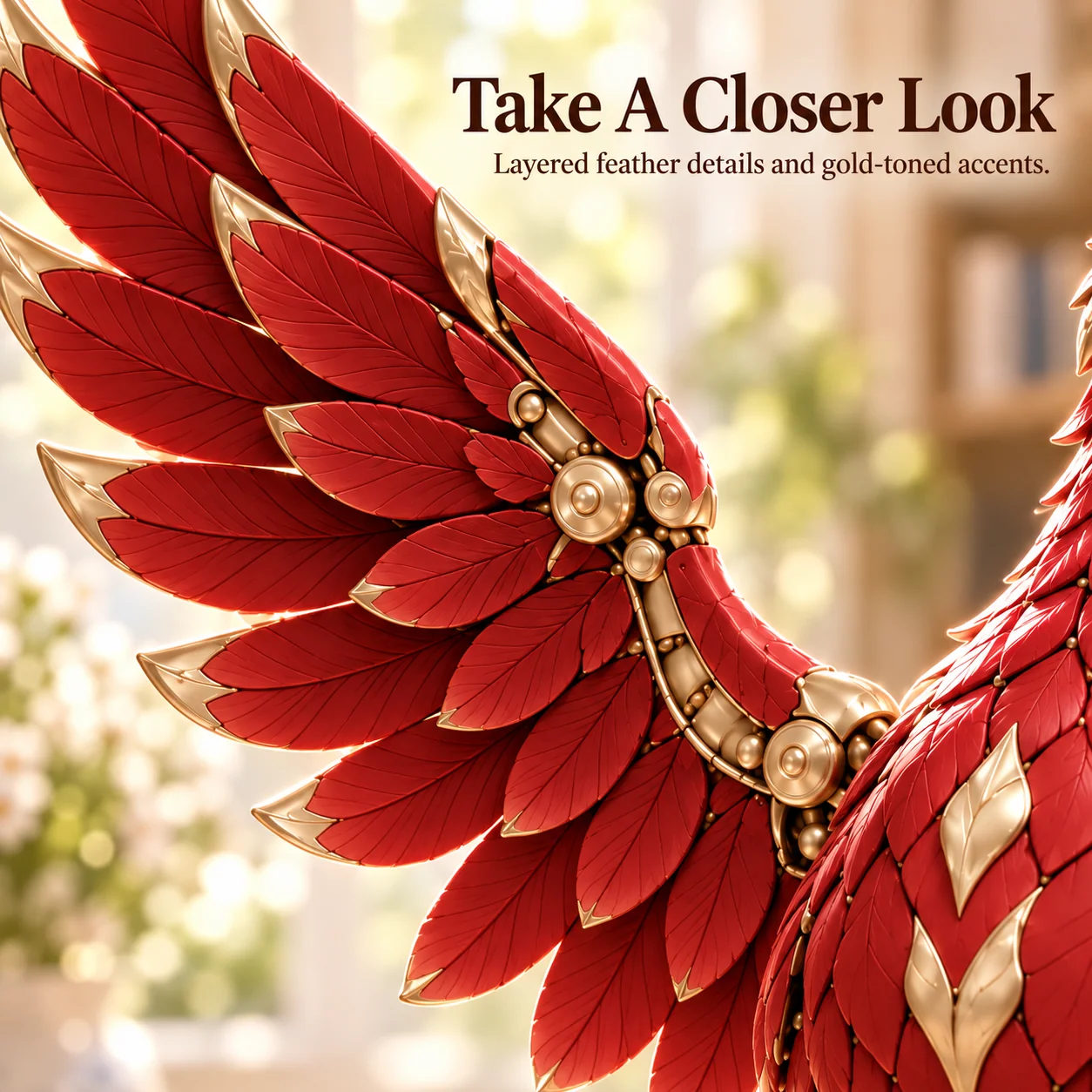 Layered red phoenix wing with gold details