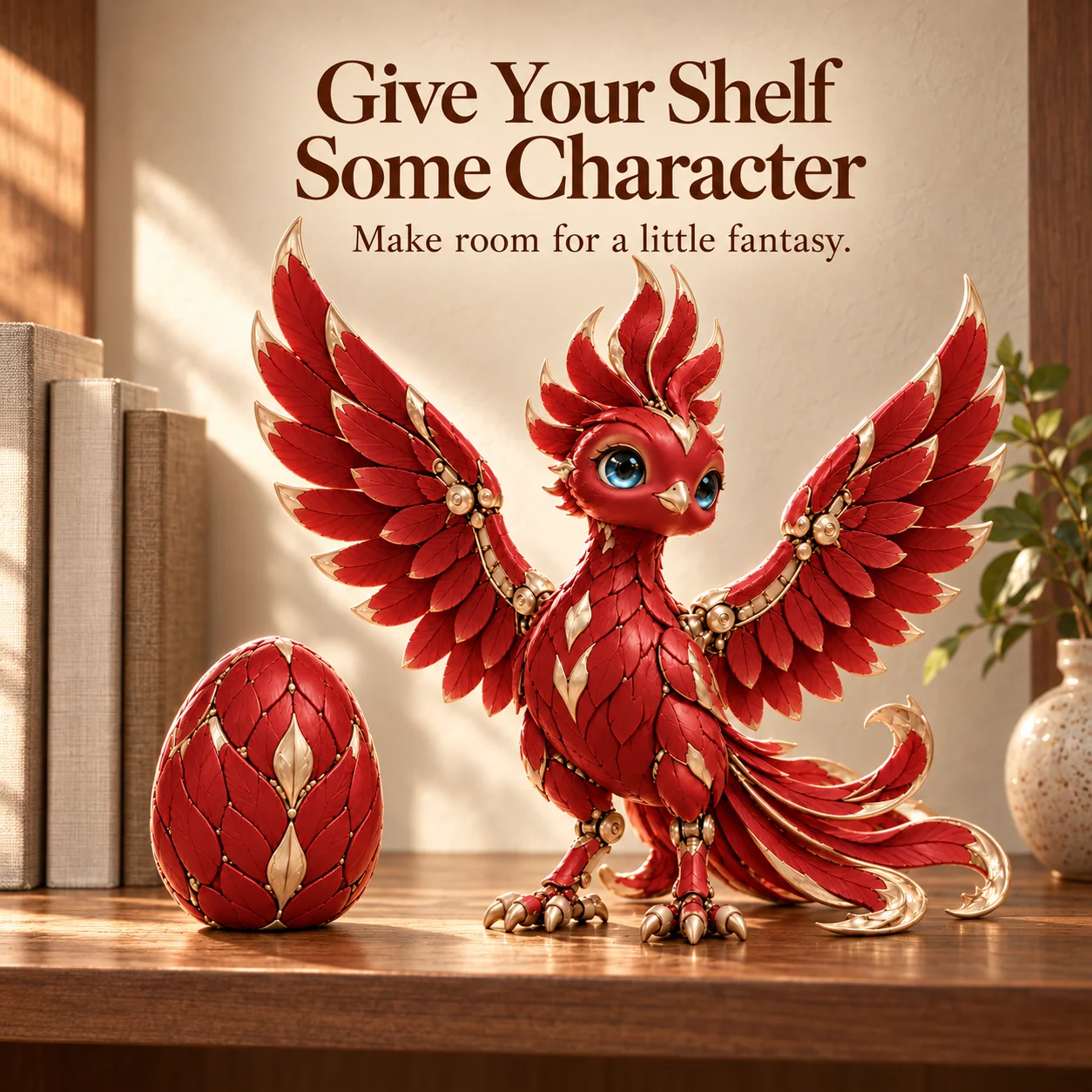Phoenix Figurine displayed on a warm walnut shelf