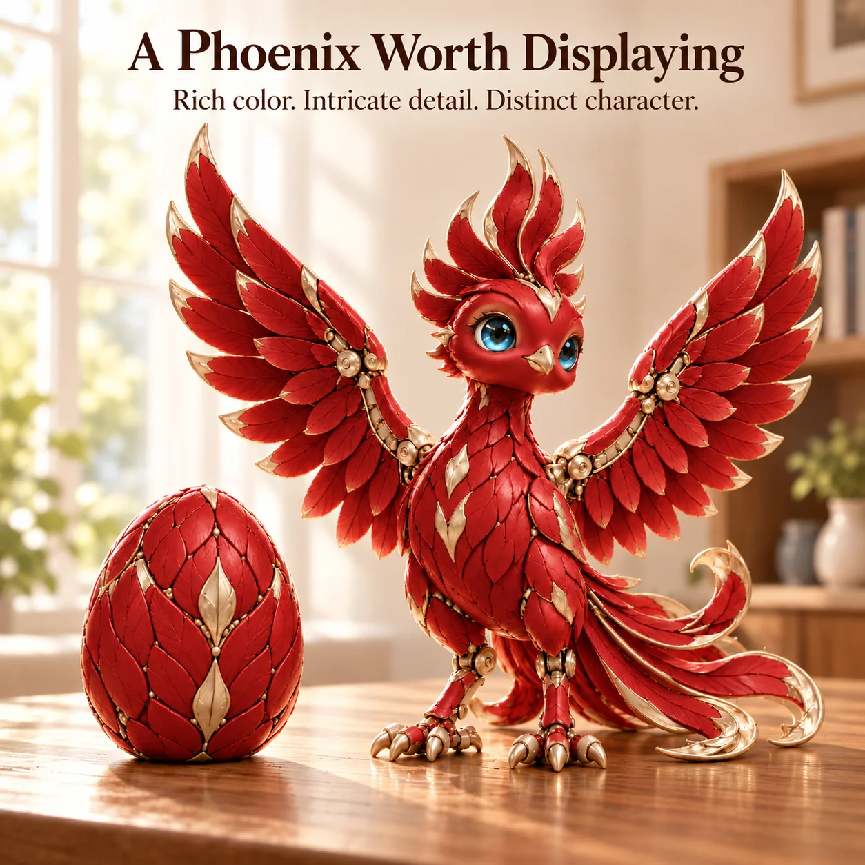 Red and Gold Phoenix Figurine with Blue Eyes