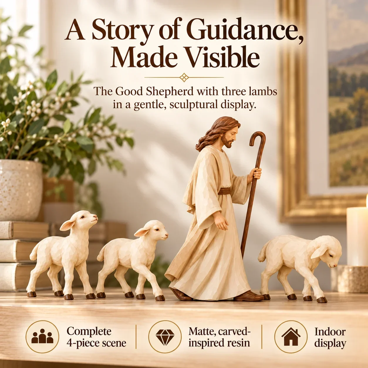 Good Shepherd with three lambs; overview of the four-piece display and matte resin finish
