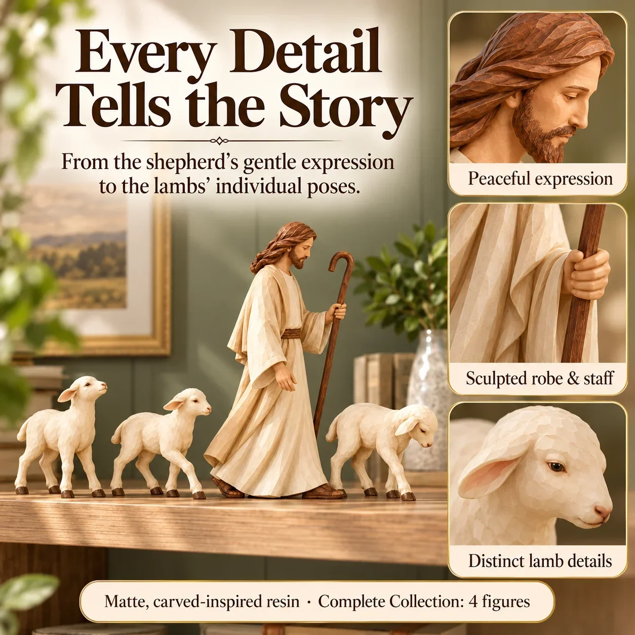 Close views of the shepherd's face, sculpted robe and staff, and a lamb's face