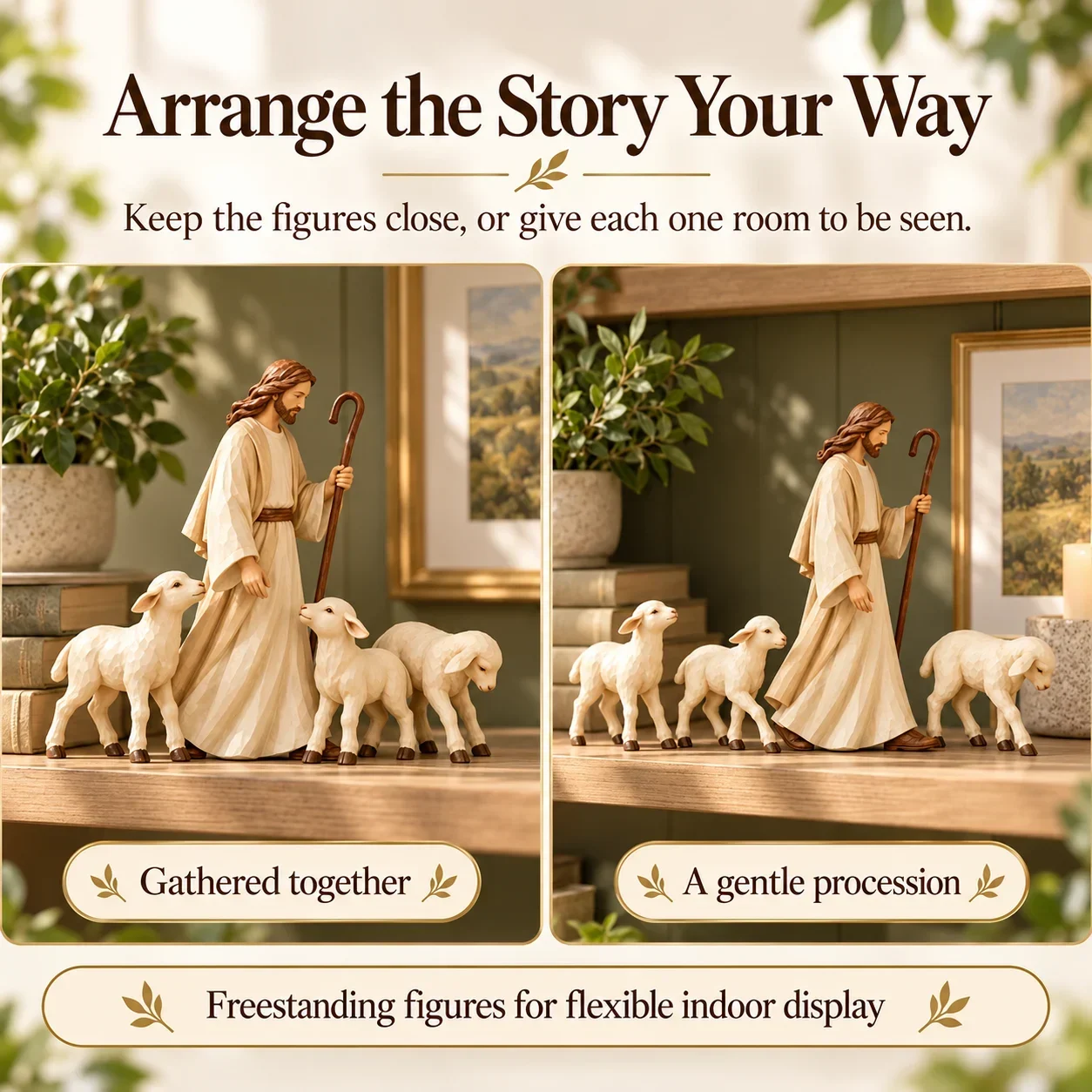 Two complete arrangements of the separate shepherd and lamb figures