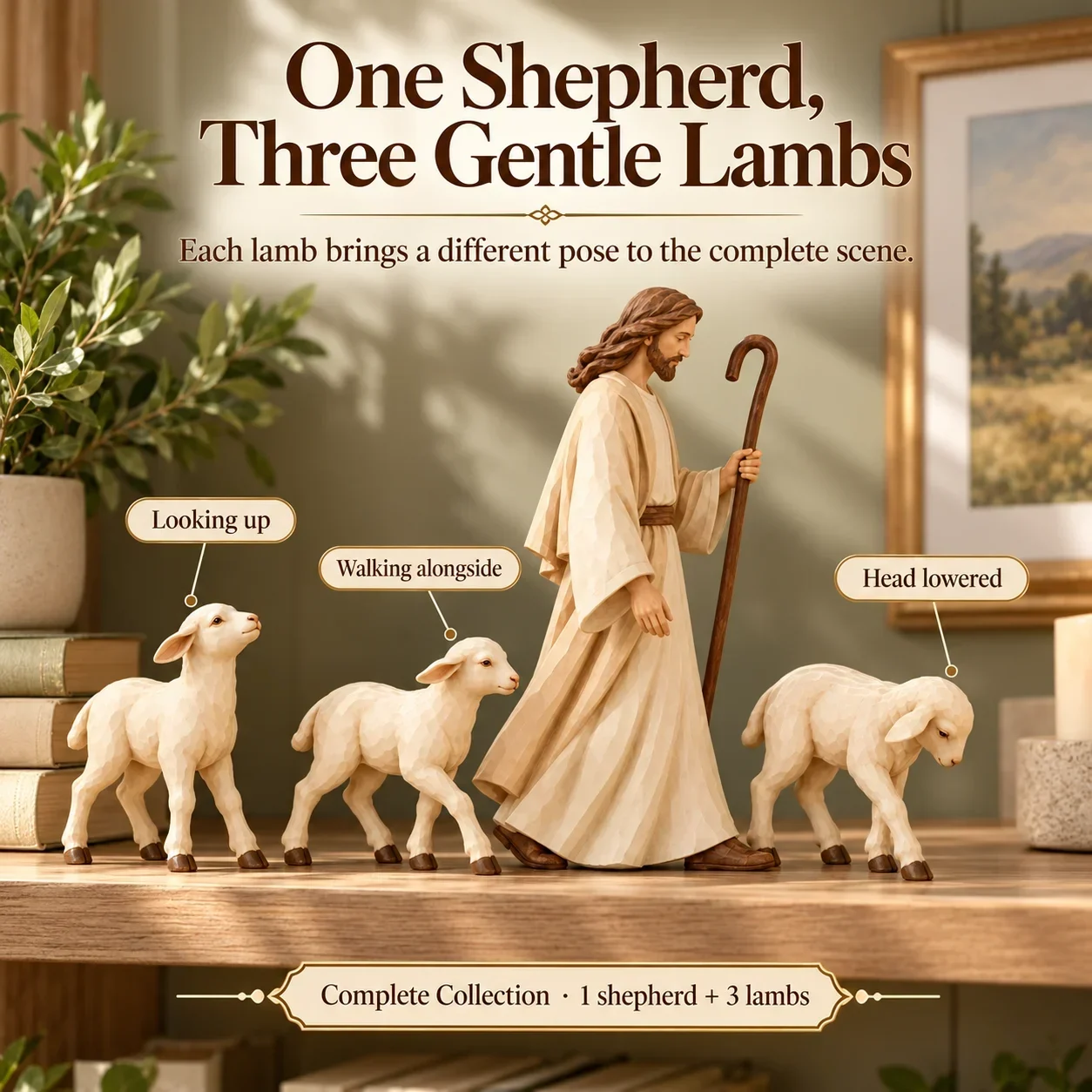 Three lamb poses labeled looking up, walking alongside and head lowered