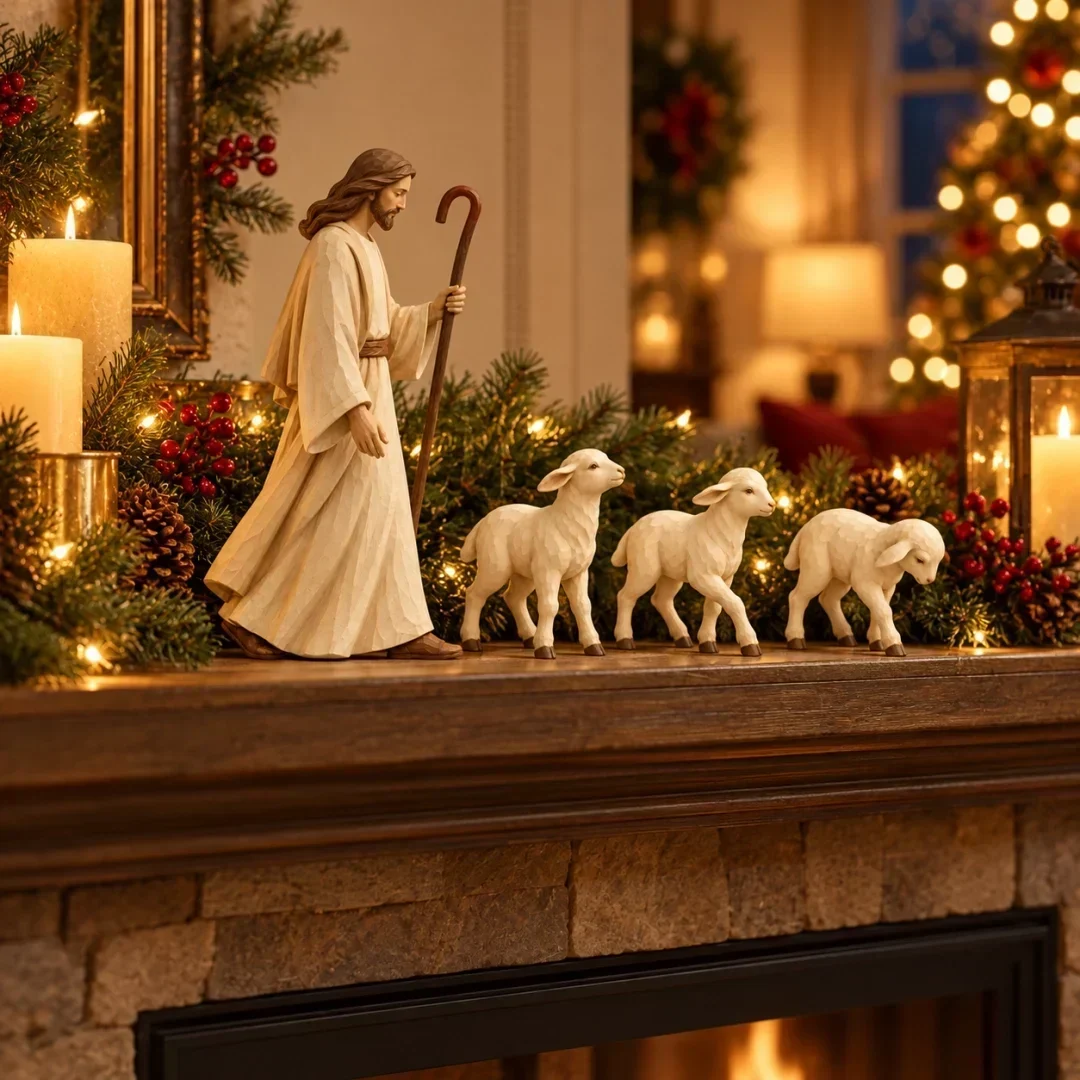 Good Shepherd and lambs on a Christmas mantel with greenery and lights