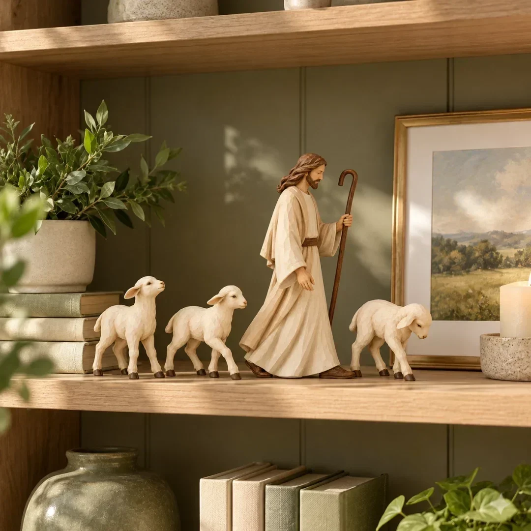 Shepherd and three lambs arranged together on a shelf; complete collection shown