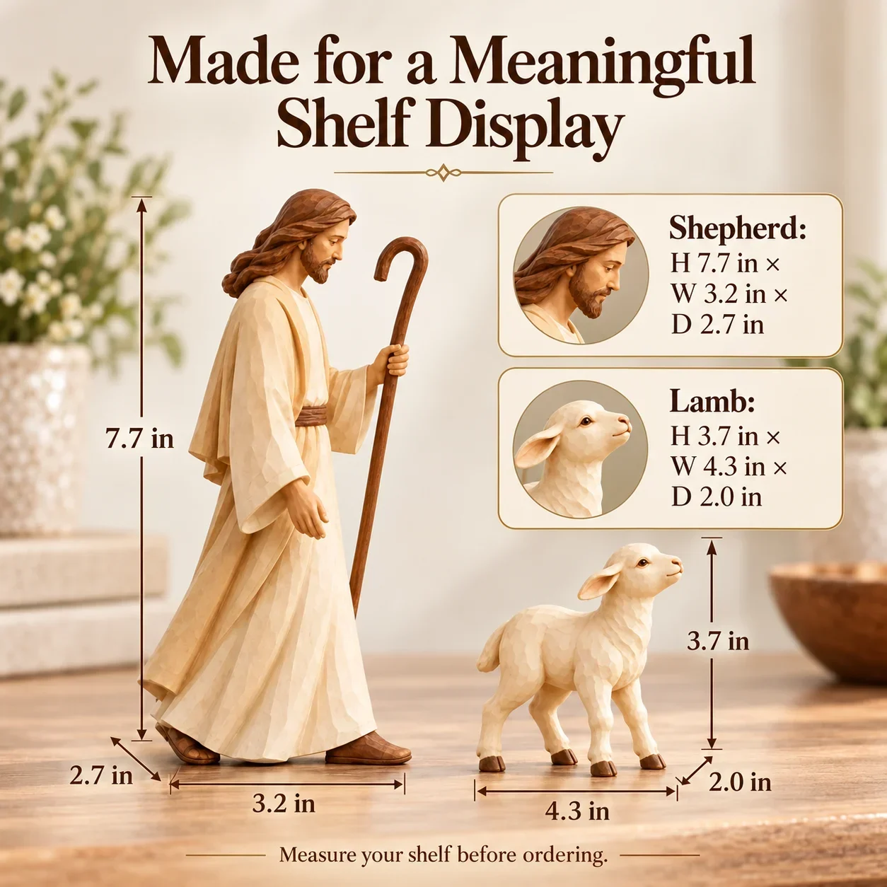 Dimension guide: shepherd 7.7 by 3.2 by 2.7 inches; lamb 3.7 by 4.3 by 2.0 inches