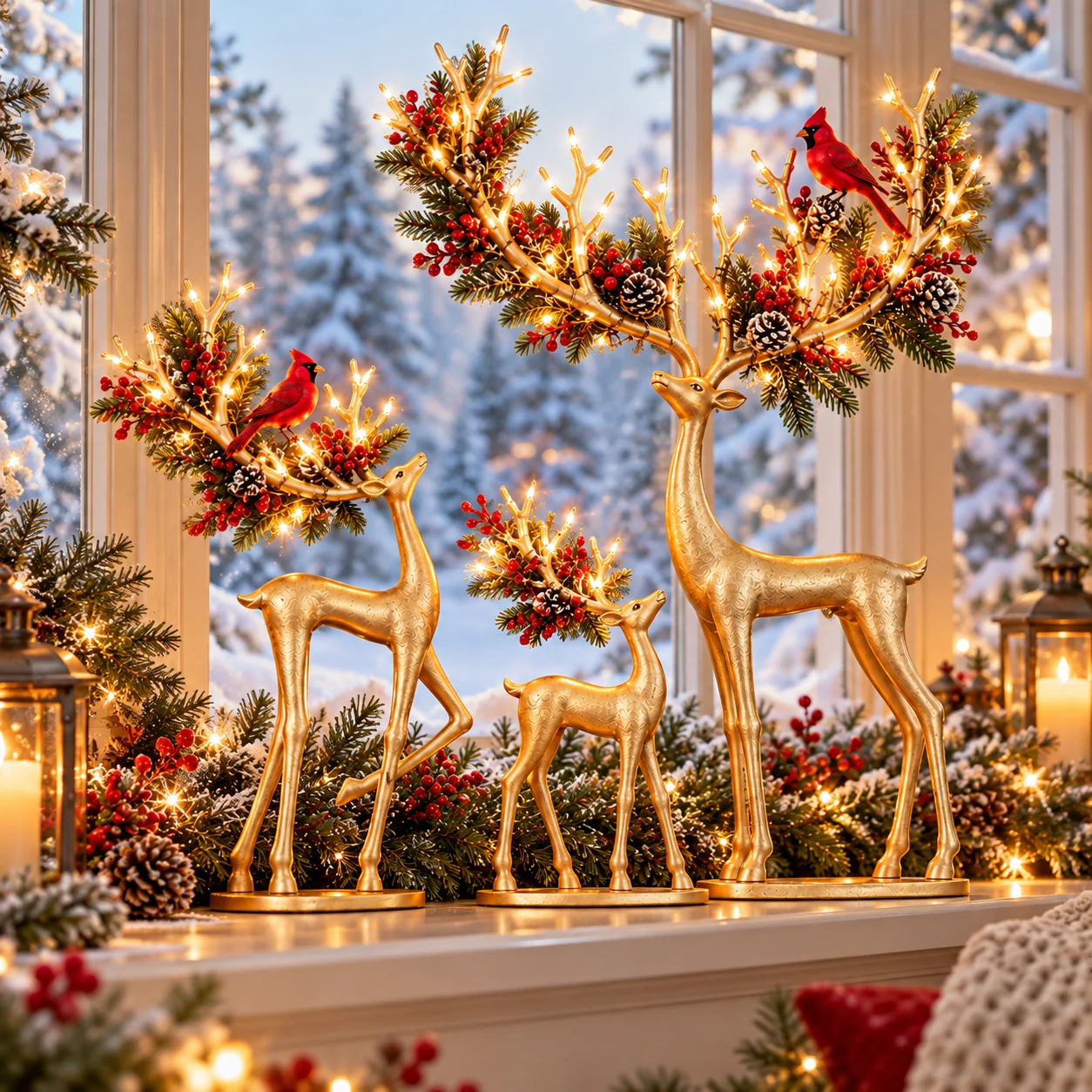 Gold Christmas reindeer trio in a festive home setting