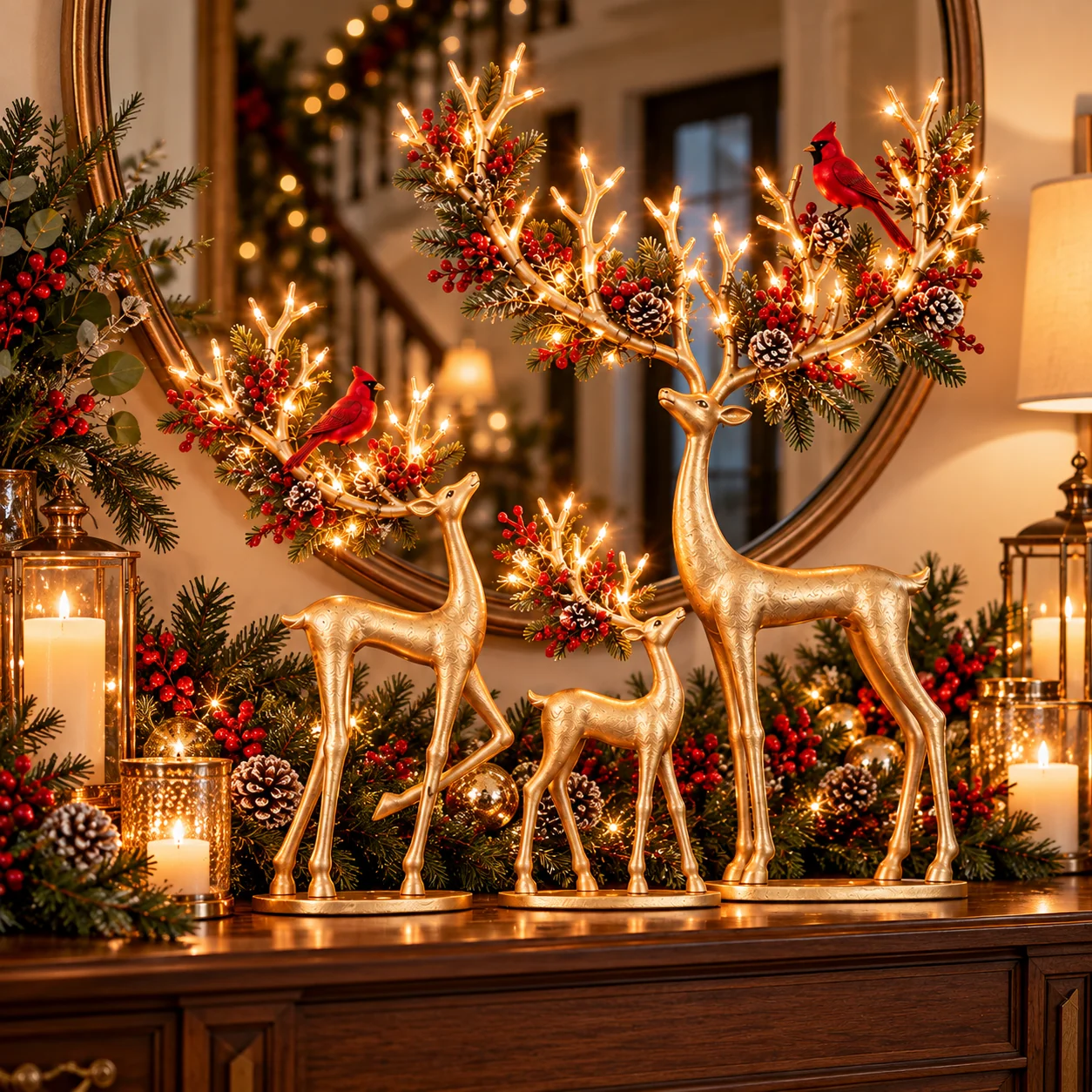 Gold Christmas reindeer trio in a festive home setting
