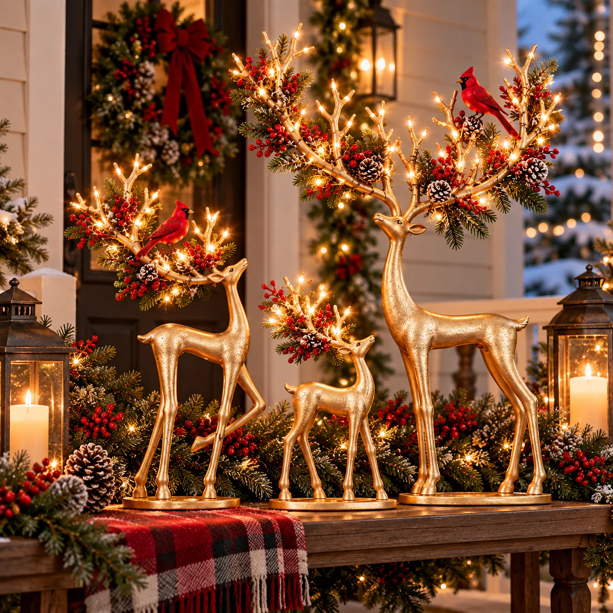 Gold Christmas reindeer trio in a festive home setting