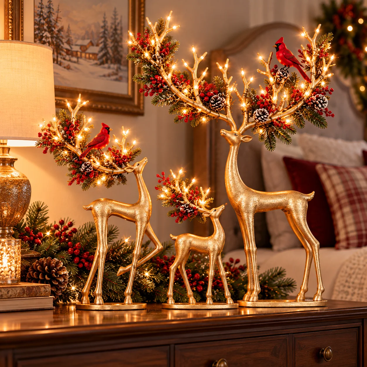 Gold Christmas reindeer trio in a festive home setting