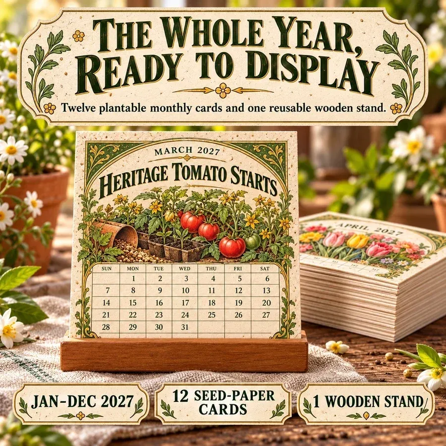 2027 plantable calendar ready to display on its wooden stand