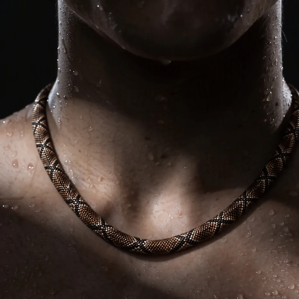 Serpent necklace worn against wet skin in low light