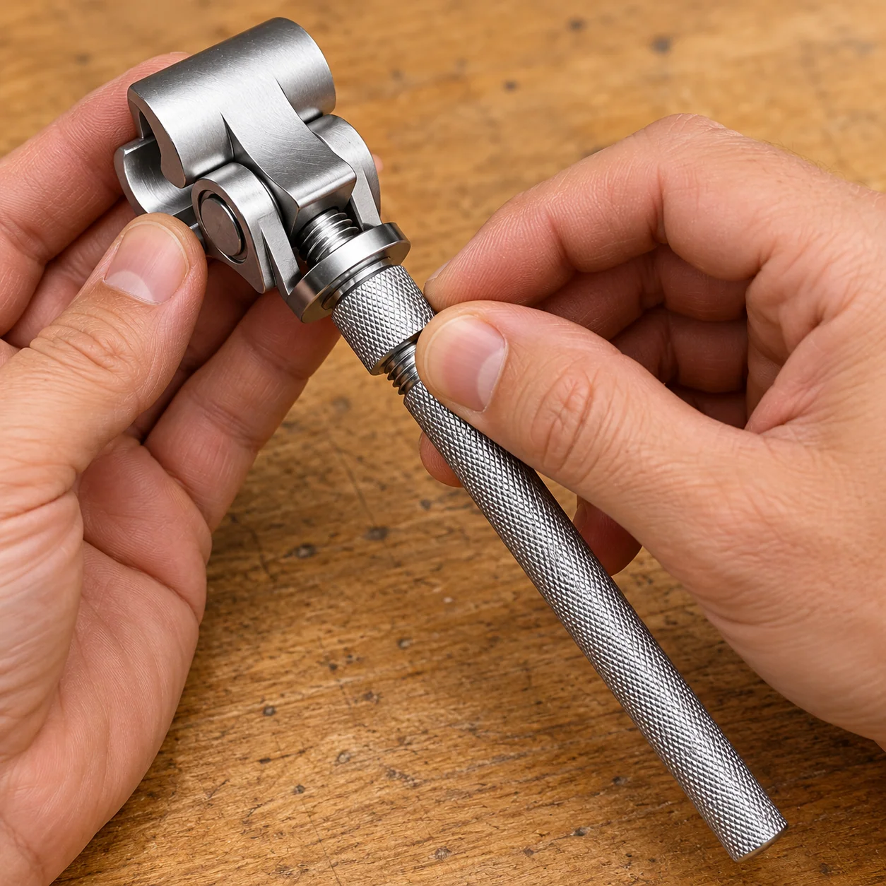 Hands turning the threaded knurled collar on the hinge adjustment tool