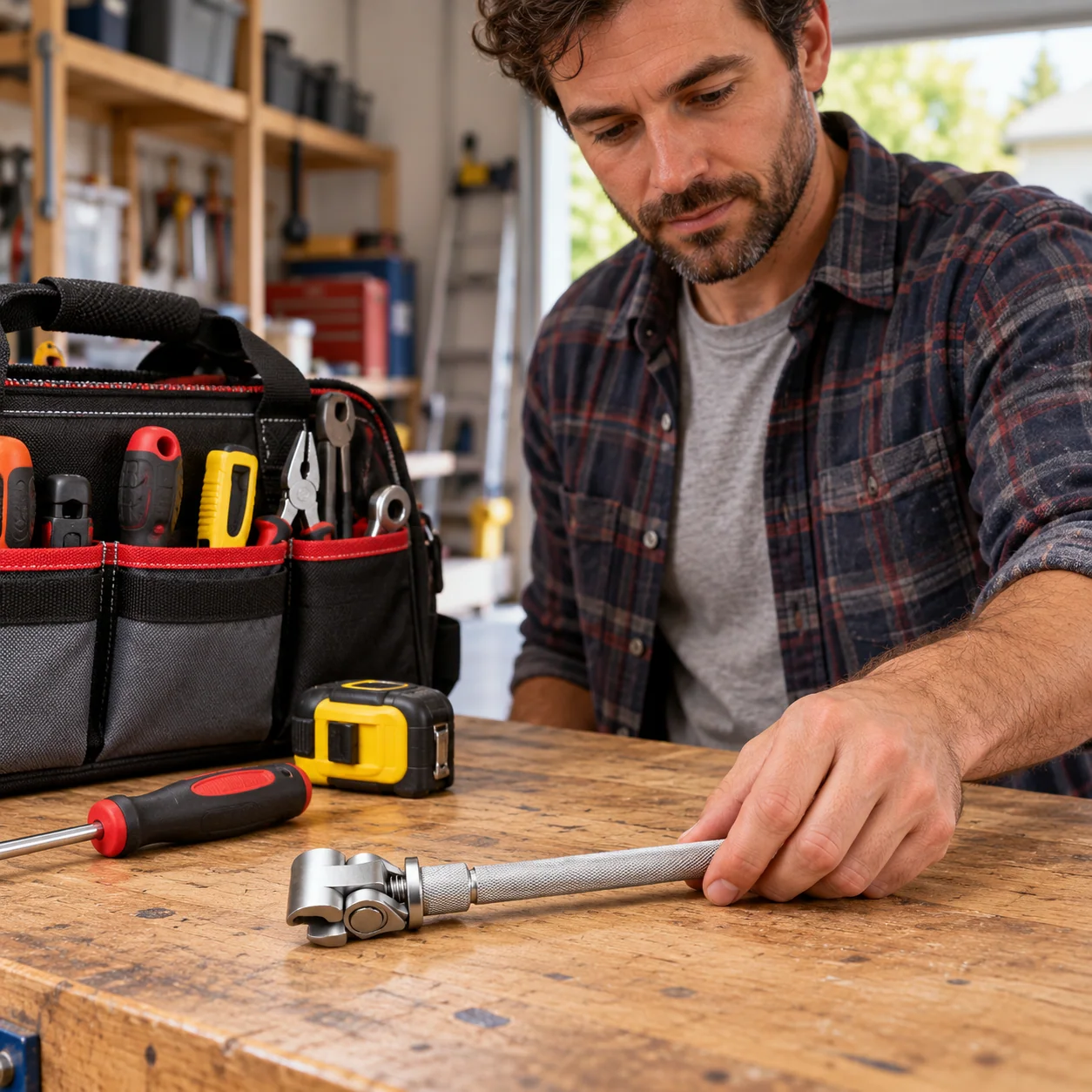 Homeowner placing the compact hinge wrench beside a tool bag