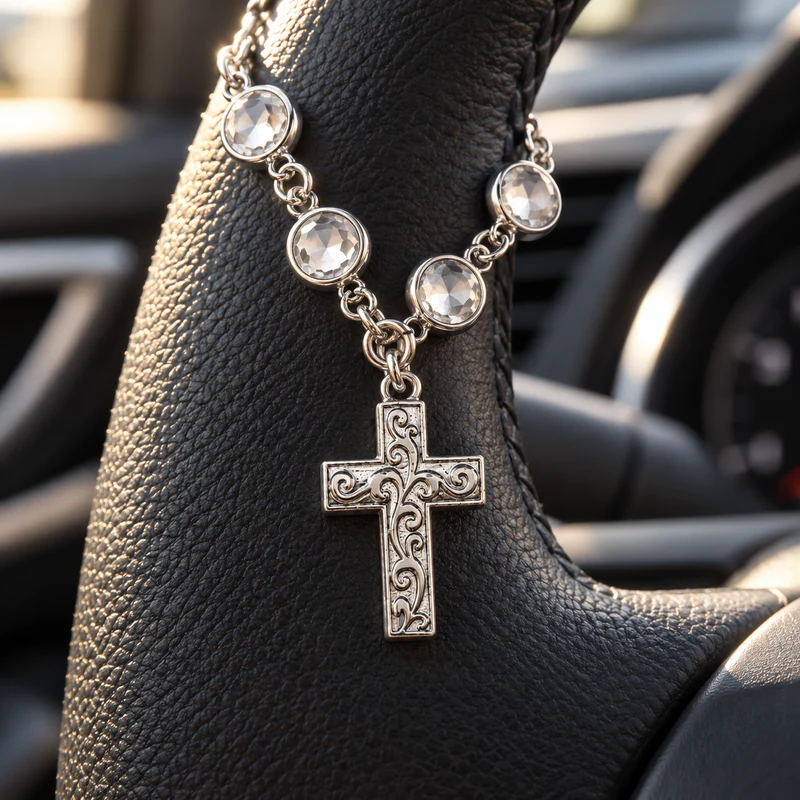Close detail of clear faceted beads and the ornate scrollwork cross against dark car upholstery