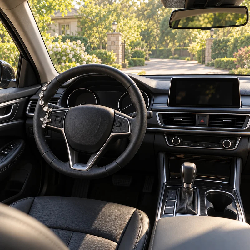 Wide view of a parked car interior showing the charm at a small realistic scale