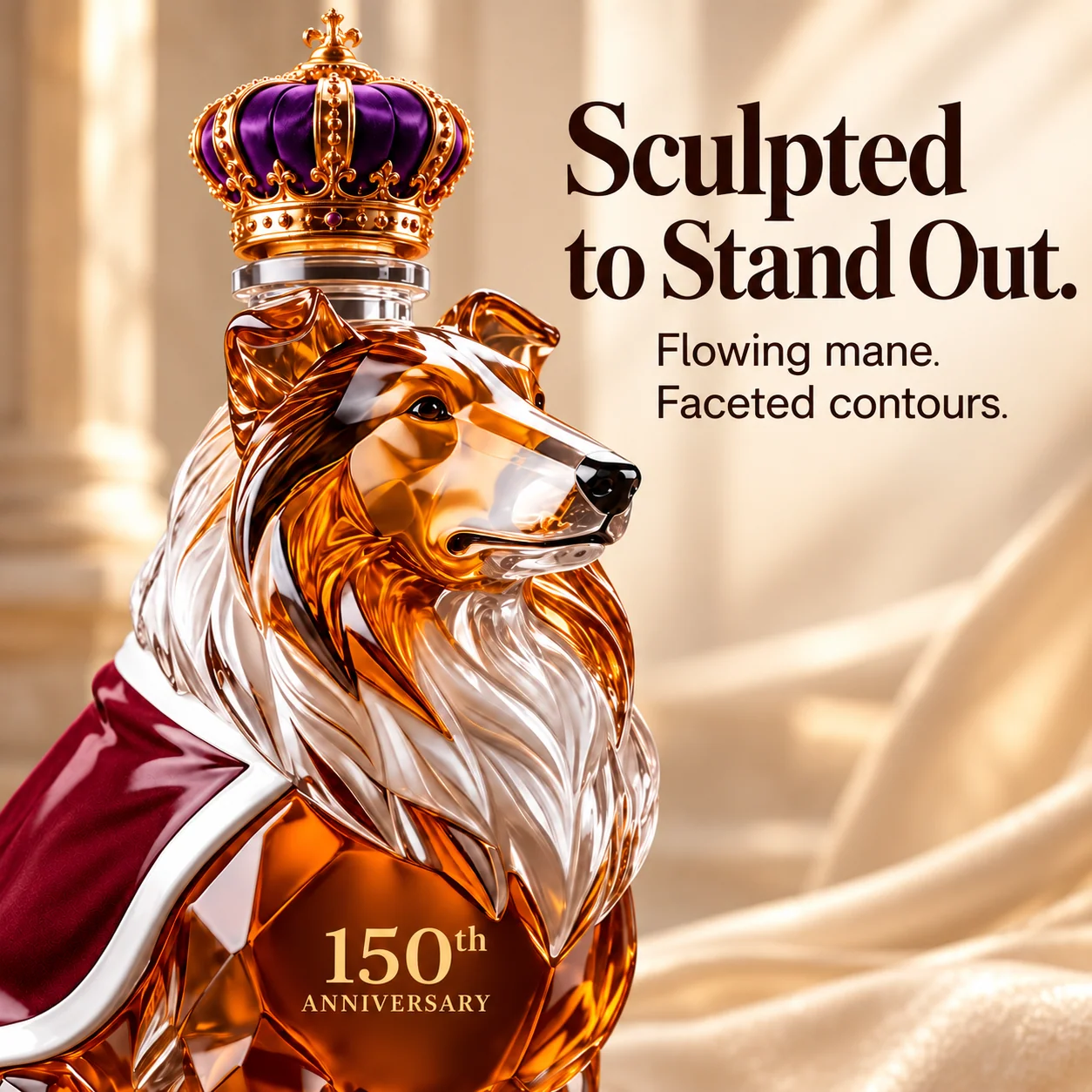 Crowned Collie decanter with a maroon-and-white cape and royal crown stopper