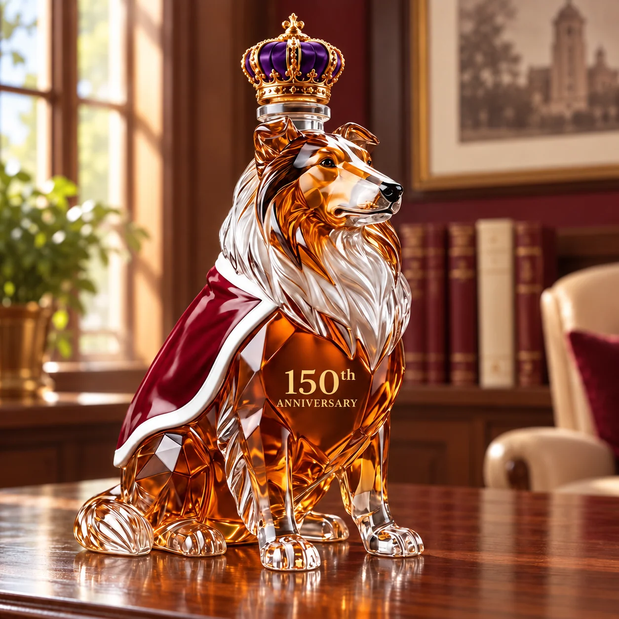 Crowned Collie decanter and coordinating maroon-and-gold presentation