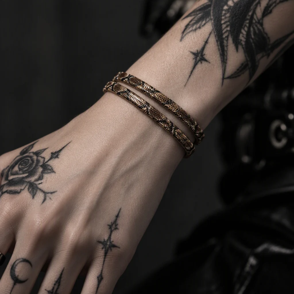 Close-up of the scale texture worn wrapped twice around the wrist