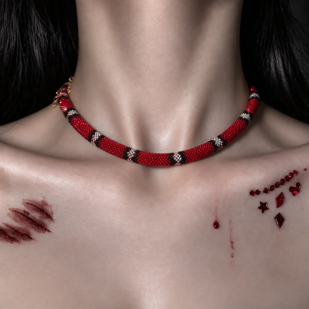 Red, black and silver serpent necklace detail on the neck