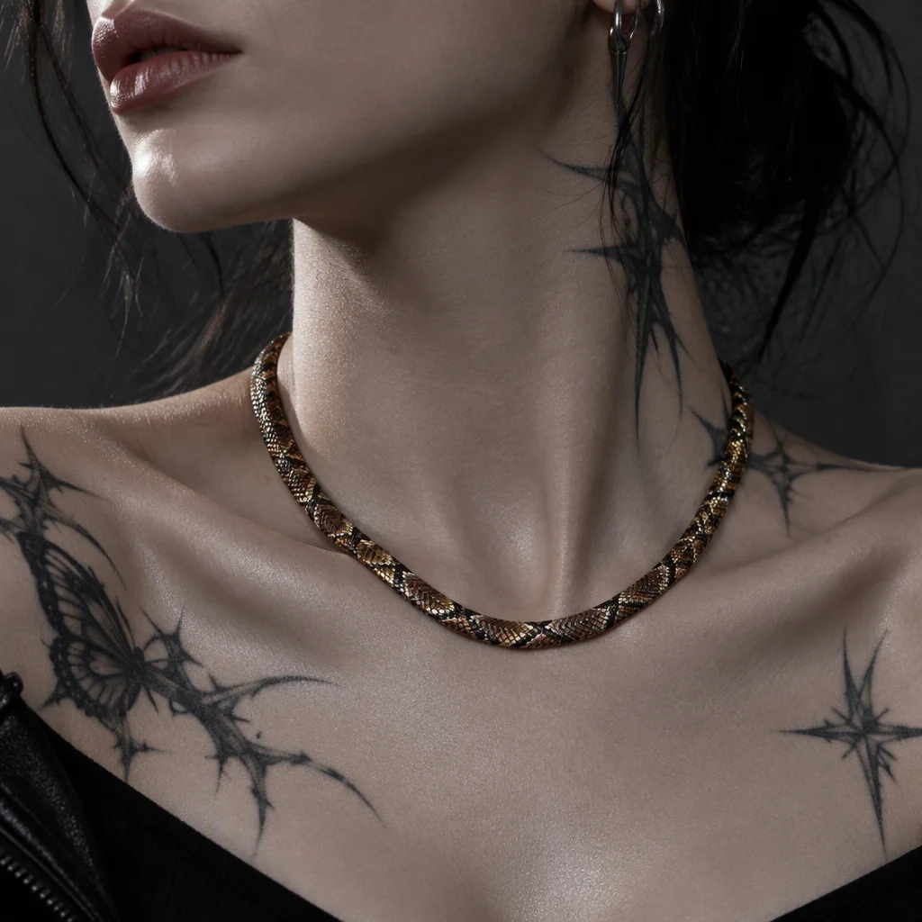 Bronze serpent-scale statement necklace worn on the collarbone