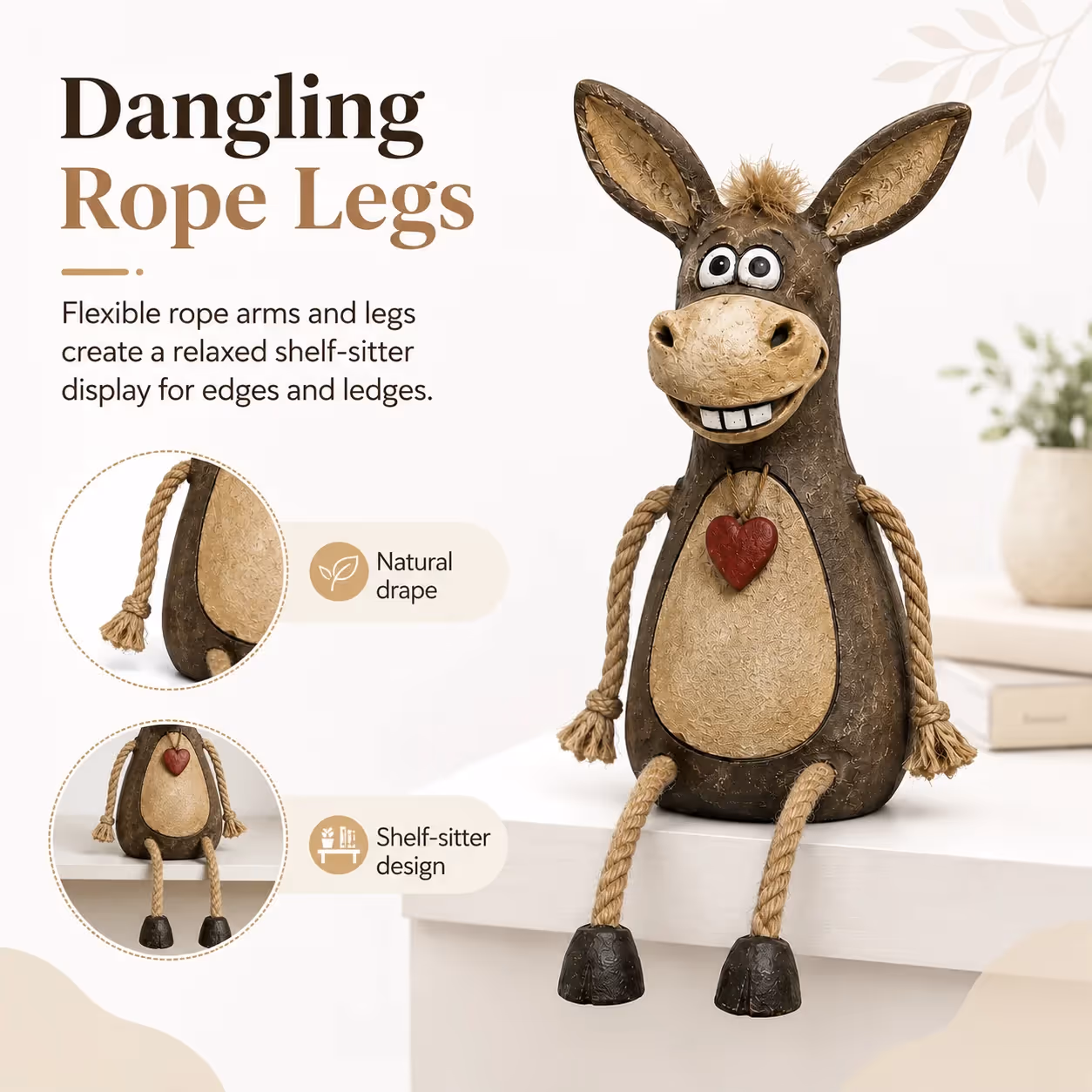 Farmhouse donkey decor with dangling rope legs