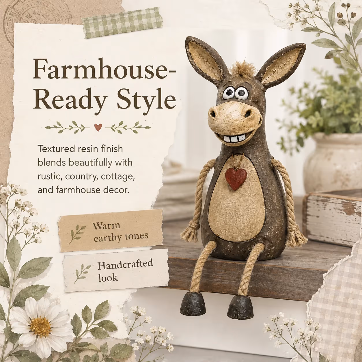 Rustic donkey sitting on shelf edge