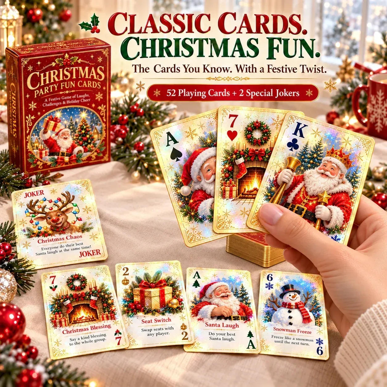 Traditional card ranks with Christmas illustrations and printed prompts