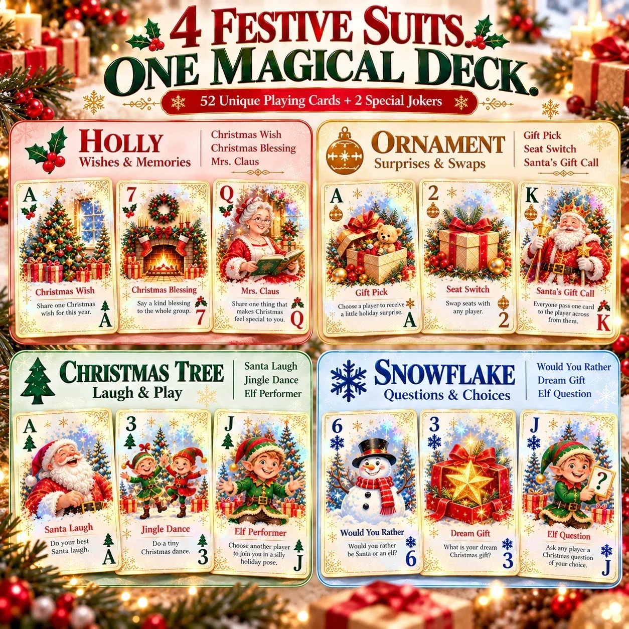 Four Christmas suits: Holly, Ornament, Christmas Tree and Snowflake, with example cards