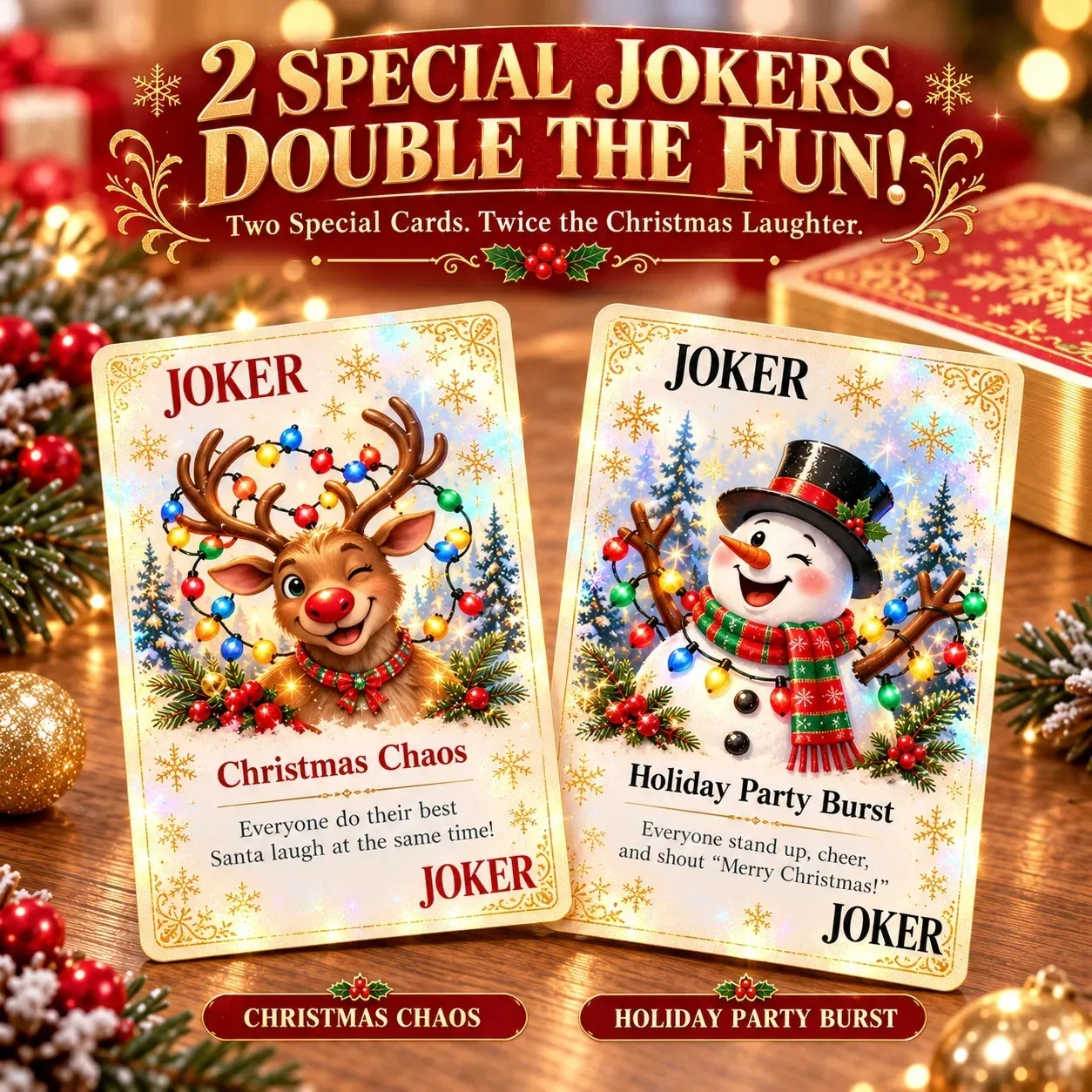 Reindeer Christmas Chaos and snowman Holiday Party Burst Joker cards with their prompts
