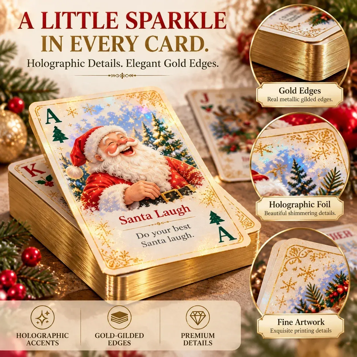 Close-up of illustrated playing card, holographic-style accents and gold-toned edges