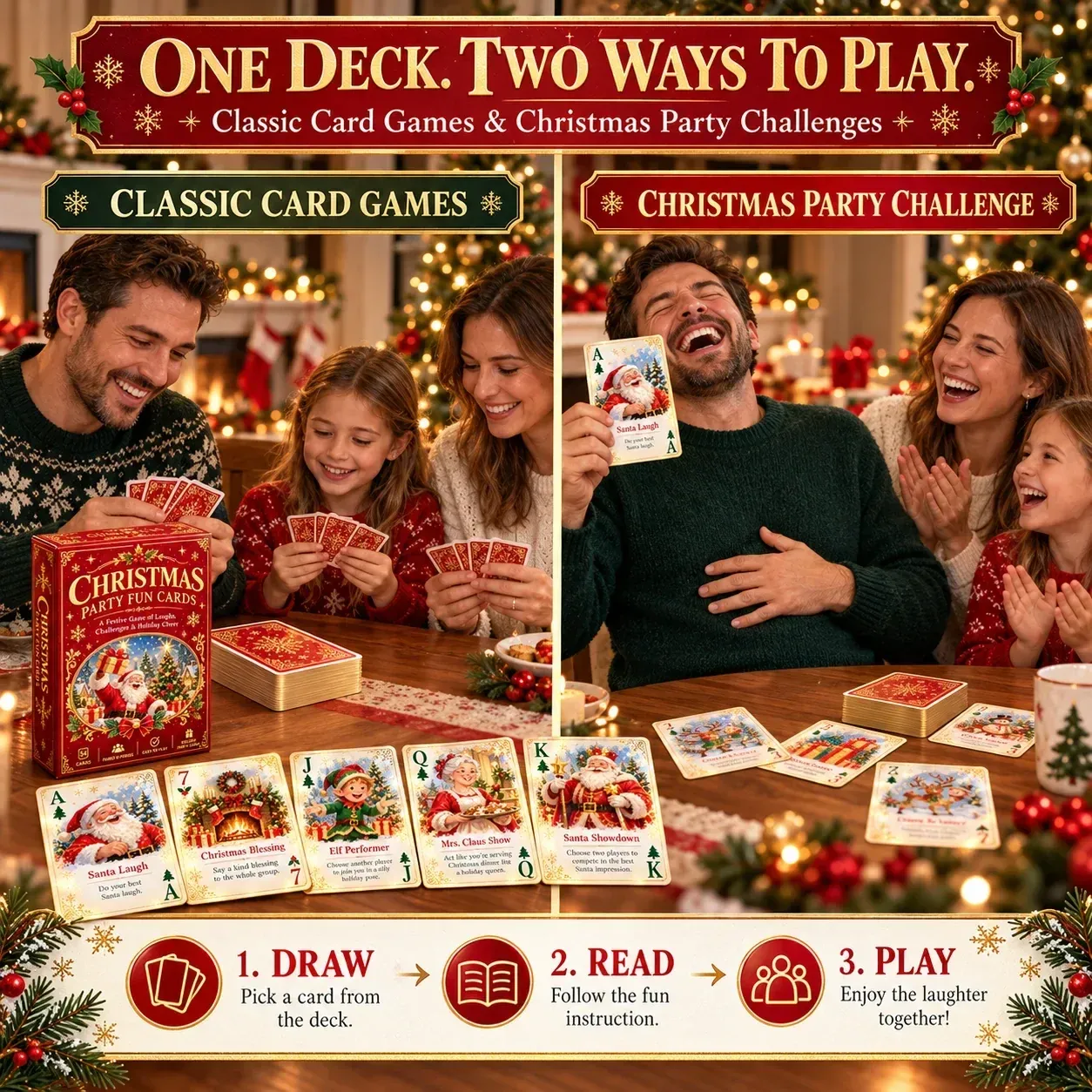 Two ways to play: classic card games and a Christmas prompt challenge with draw, read and play steps