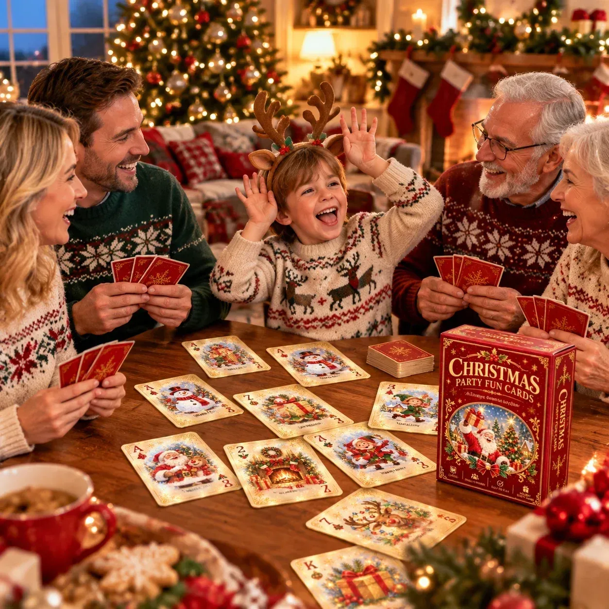 Family members of different ages playing with the Christmas cards around a holiday table