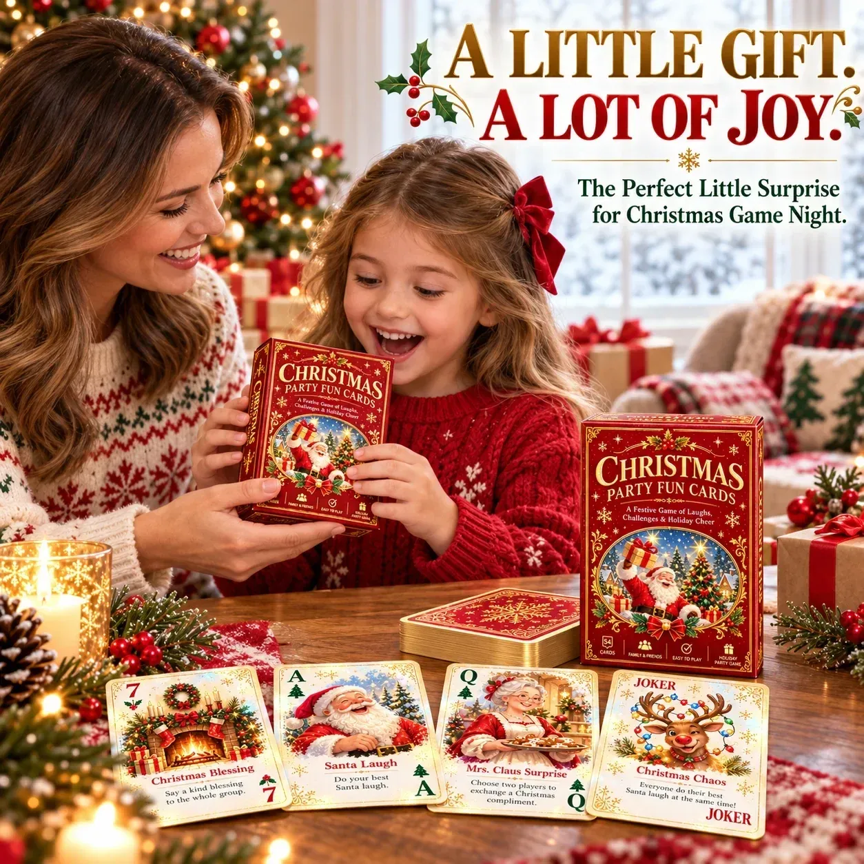 Christmas playing card deck being gifted to a child in its illustrated holiday box
