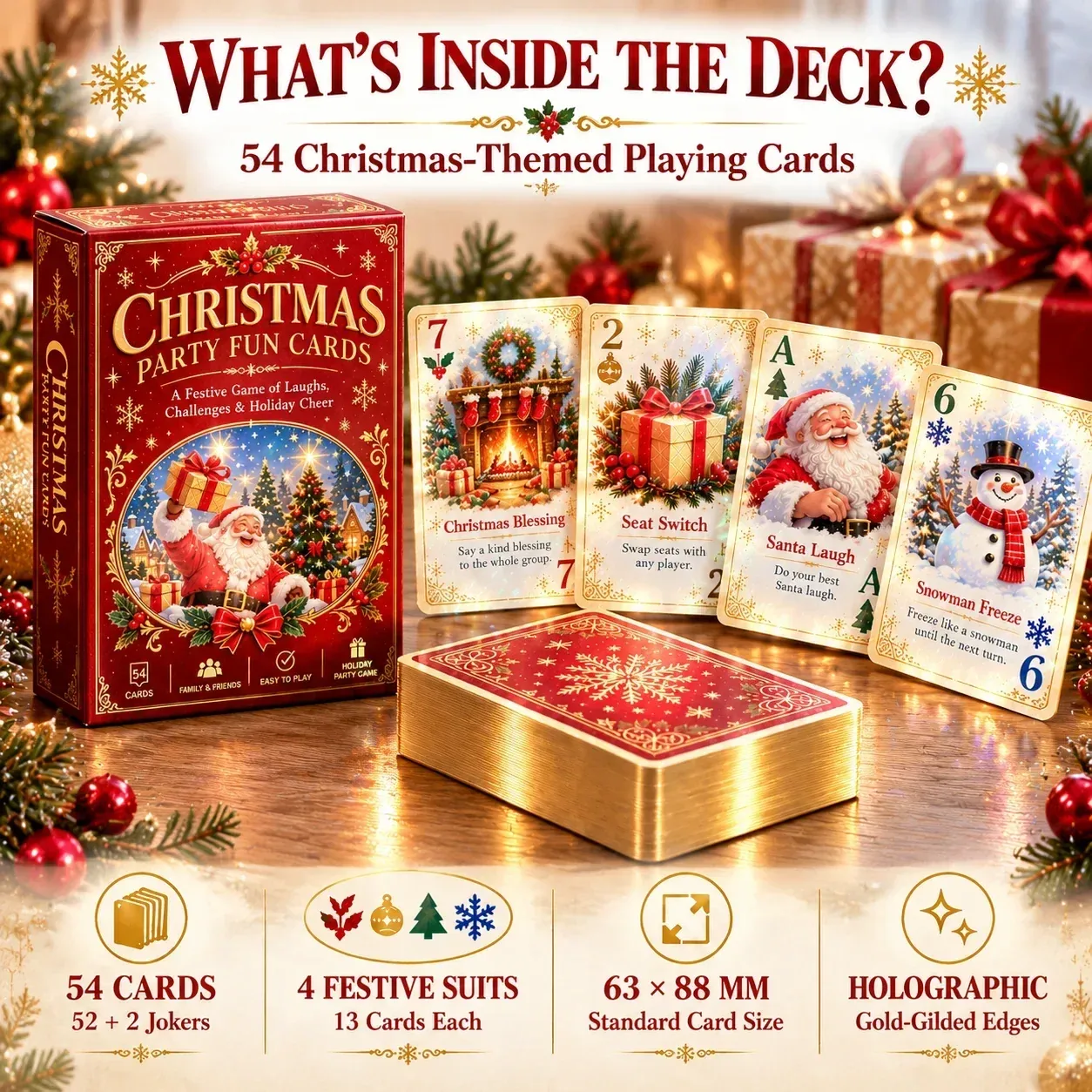 Product details infographic: 54 cards, four festive suits, approximately 63 by 88 millimeter card size and gold-toned edges