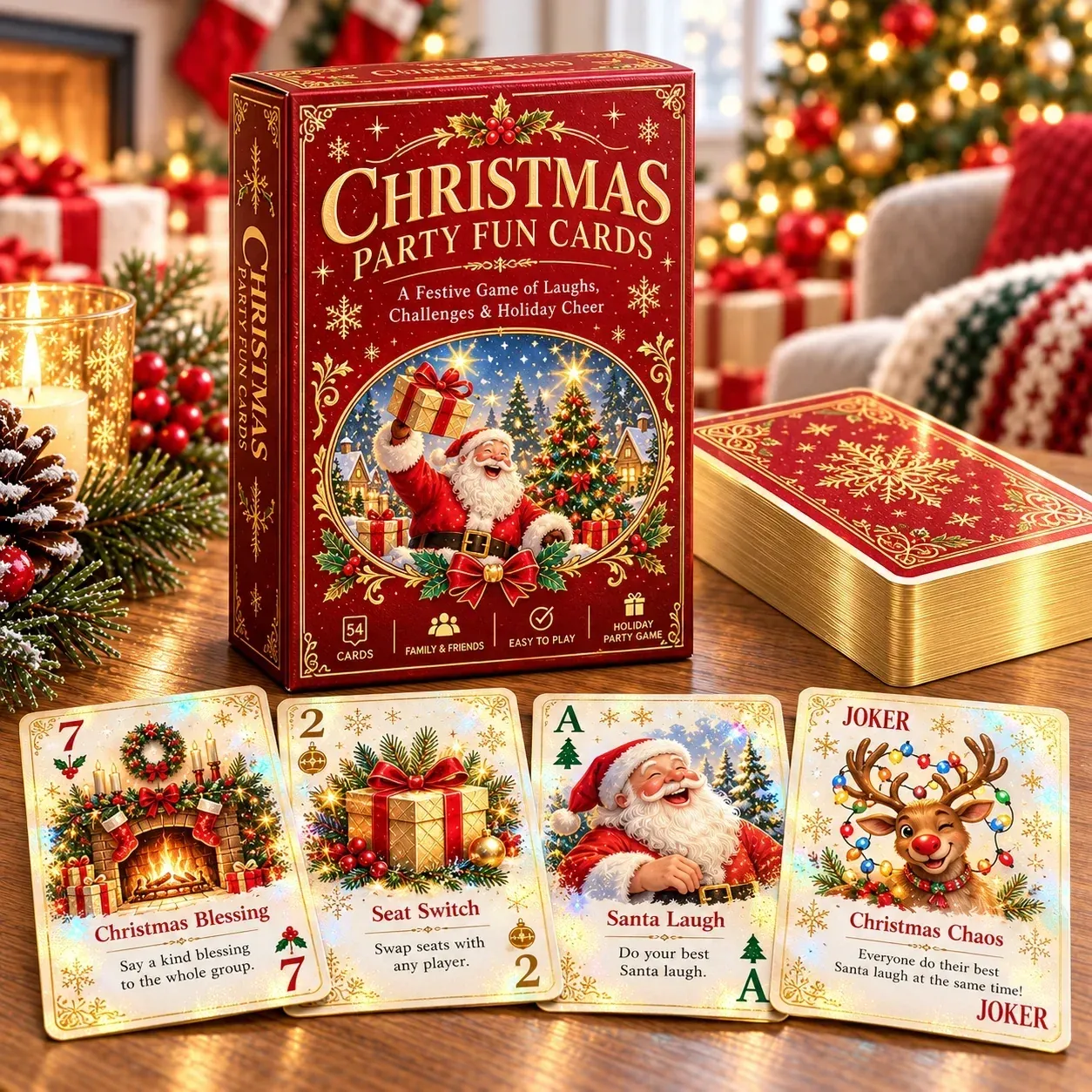 One boxed Christmas Party Fun Cards deck with sample cards and its gold-toned edges