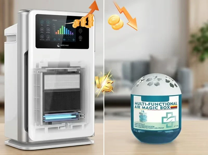 Conceptual comparison of Air Magic Box and large air purifier