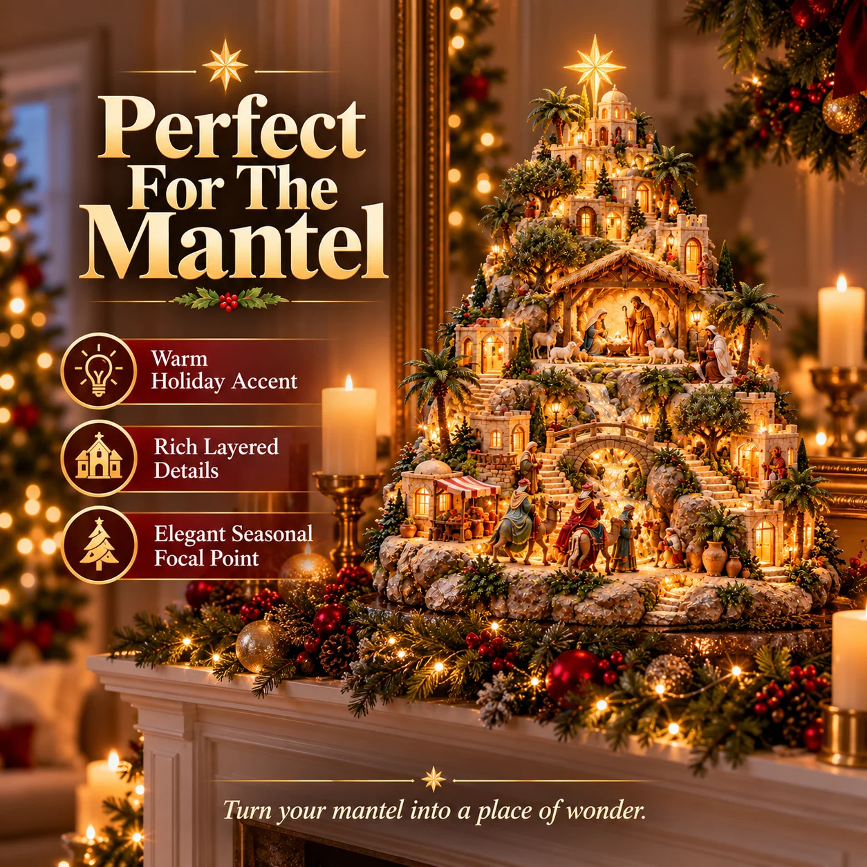 Bethlehem Nativity Village fireplace mantel display